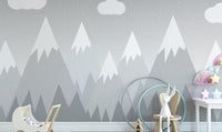 Charming grey mountain wallpaper mural for kids' rooms.
