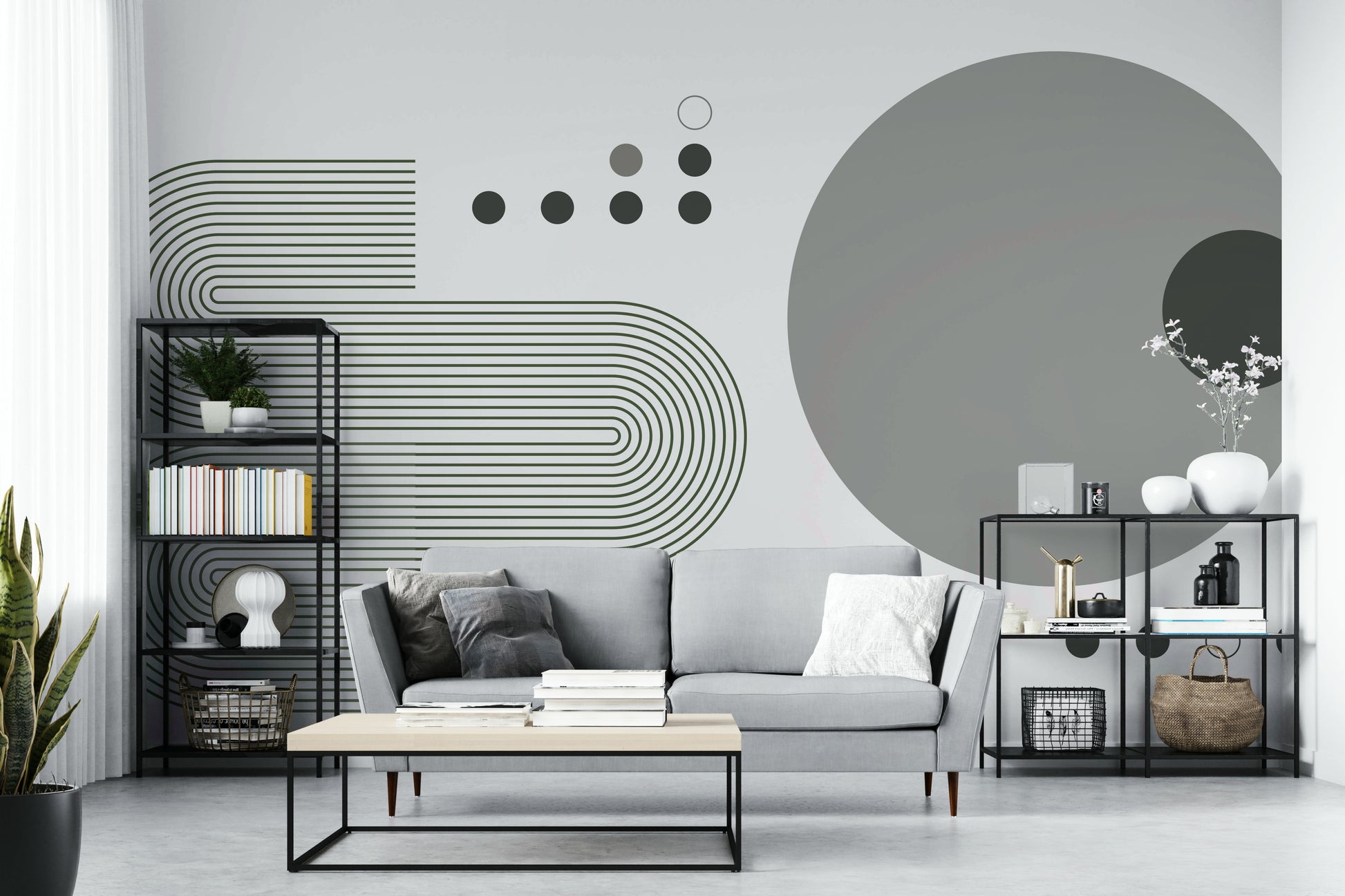 Geometric retro mural with circles and curves in grey

