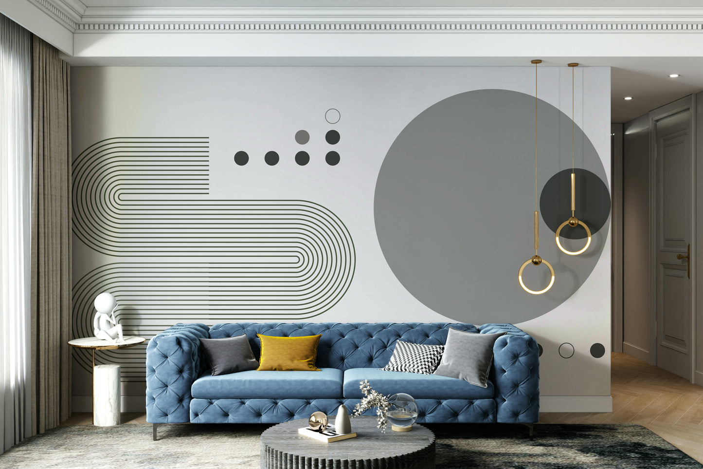Grey tones retro wall mural with vintage patterns

