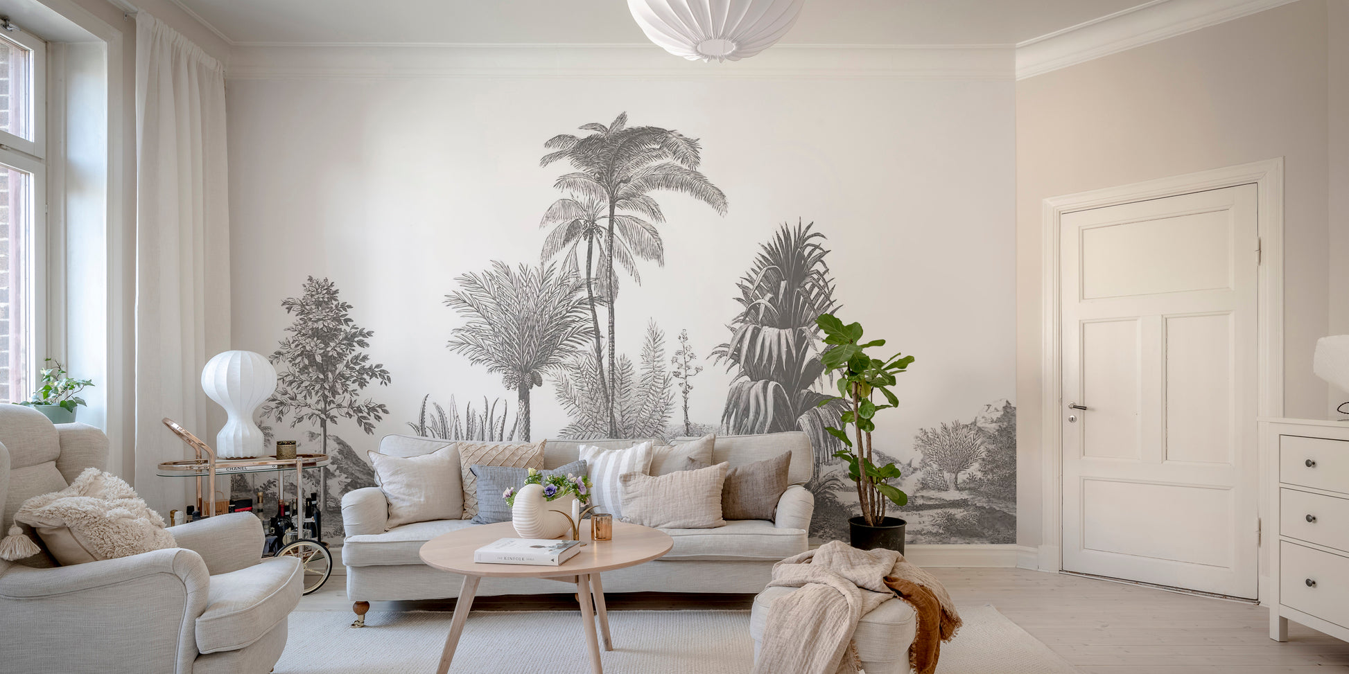 Gray Tone Tropical Serene wallpaper mural styled along a hallway feature wall near a console in gray tones