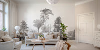 Gray Tone Tropical Serene wallpaper mural styled along a hallway feature wall near a console in gray tones