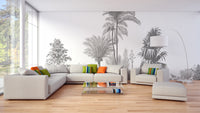 Gray Tone Tropical Serene wallpaper mural as a feature wall in a home office workspace in gray tones