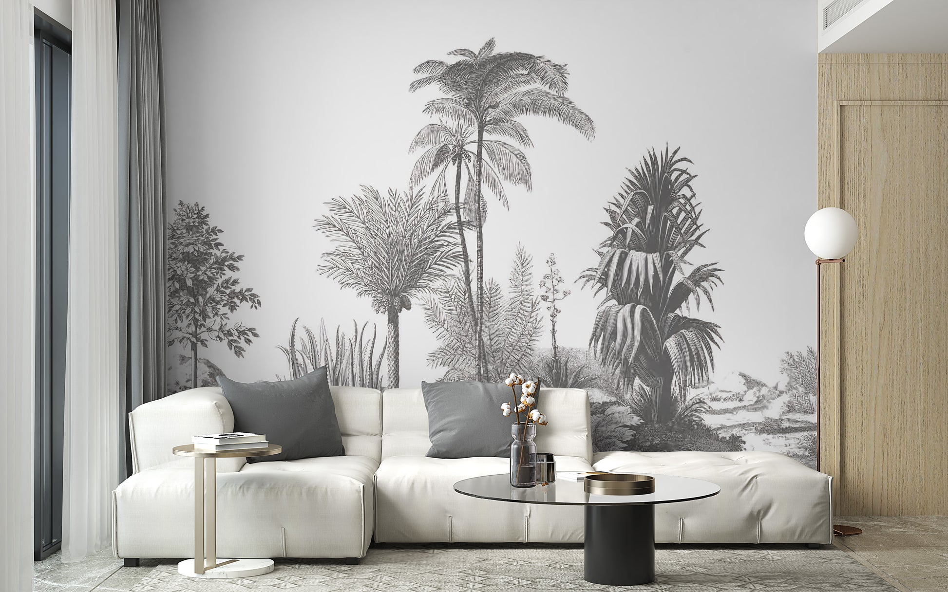 Gray Tone Tropical Serene wallpaper mural styled as a feature wall behind a dining table and chairs in gray tones