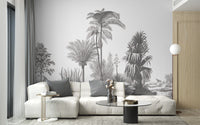 Gray Tone Tropical Serene wallpaper mural styled as a feature wall behind a dining table and chairs in gray tones