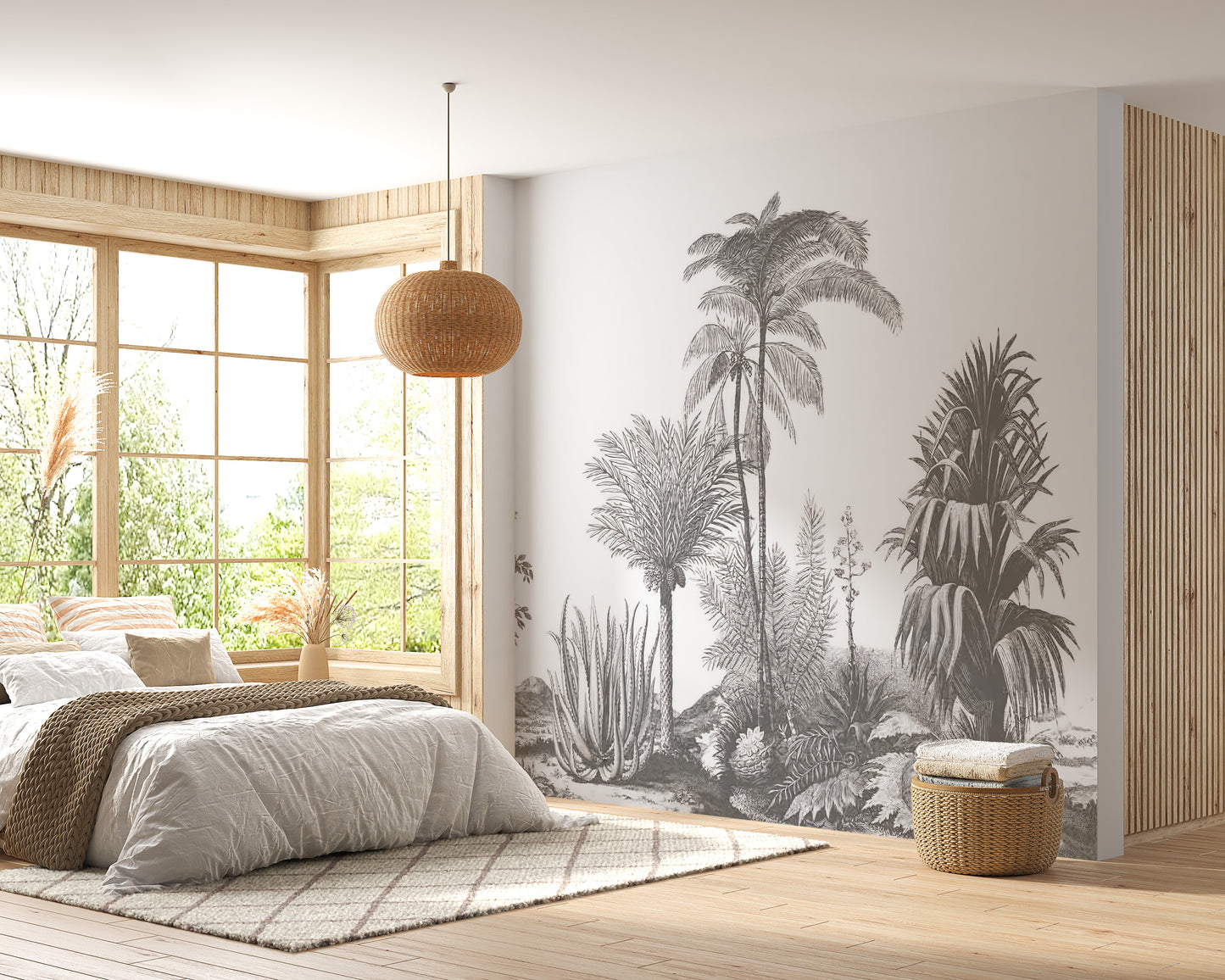 Gray Tone Tropical Serene wallpaper mural as a bedroom feature wall behind the headboard in gray tones