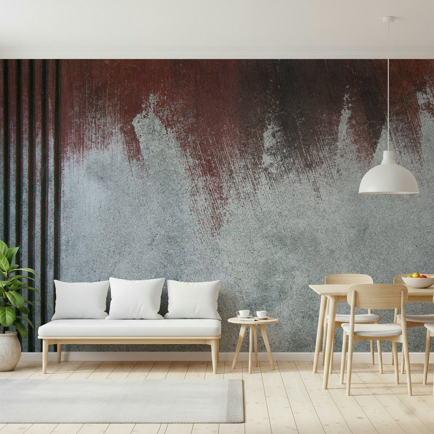 Wall mural combining rough textures and fading effects for a bold, urban-inspired accent wall.