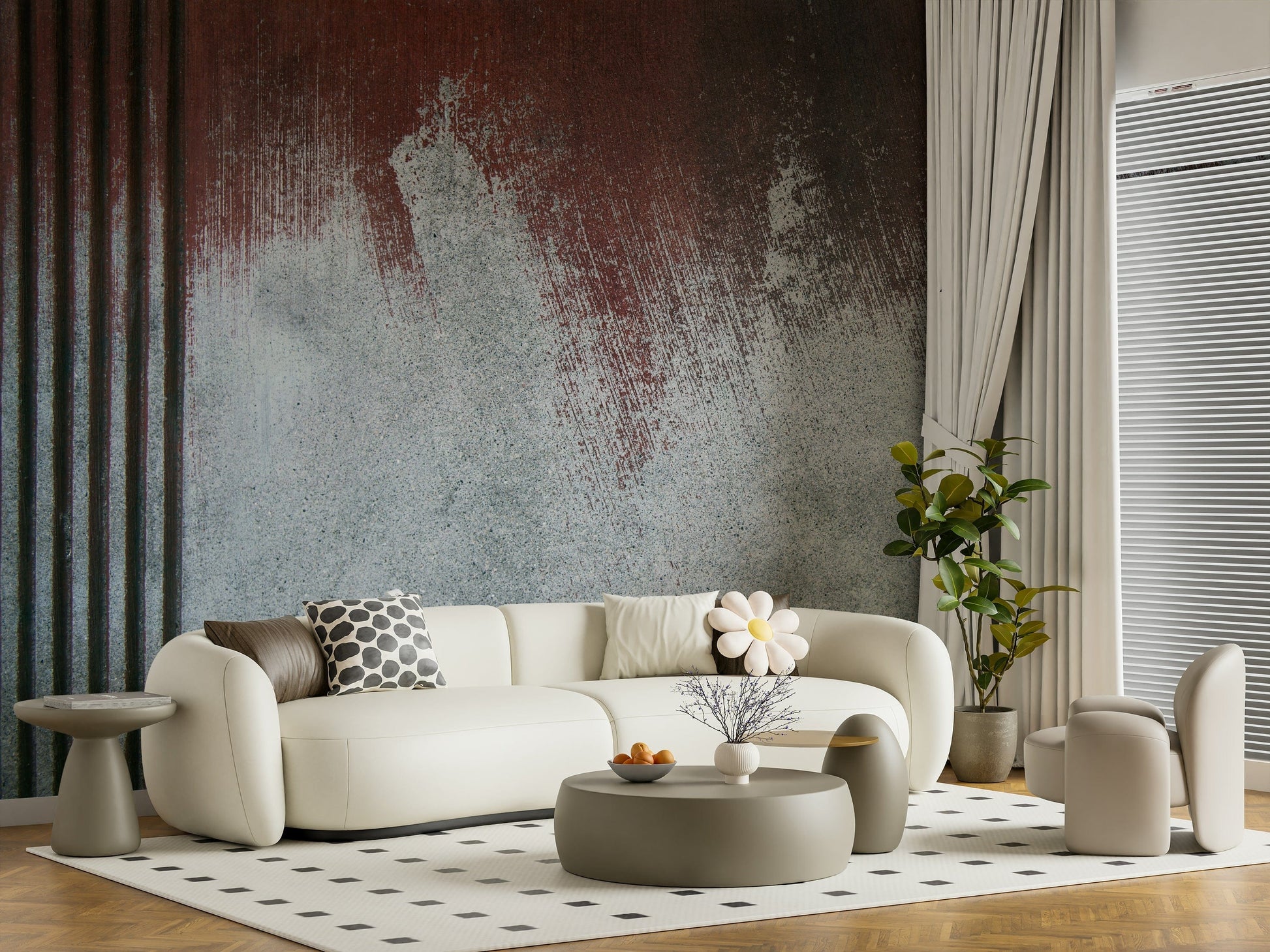 Gritty Fade Wall Mural with layered distressed textures and muted tones for contemporary design.