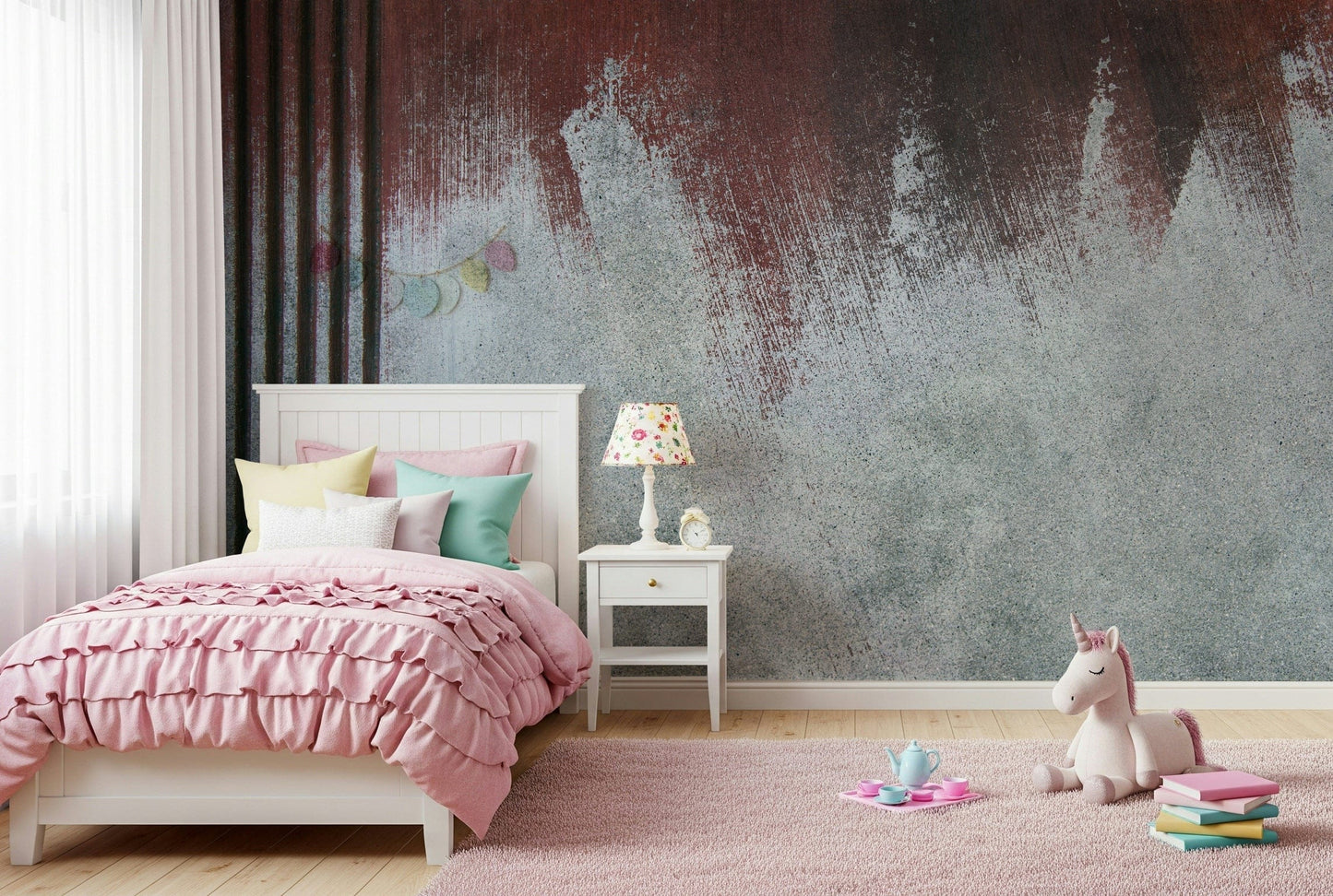 Decorative faded texture wallpaper mural adding an edgy, worn aesthetic to any interior space.