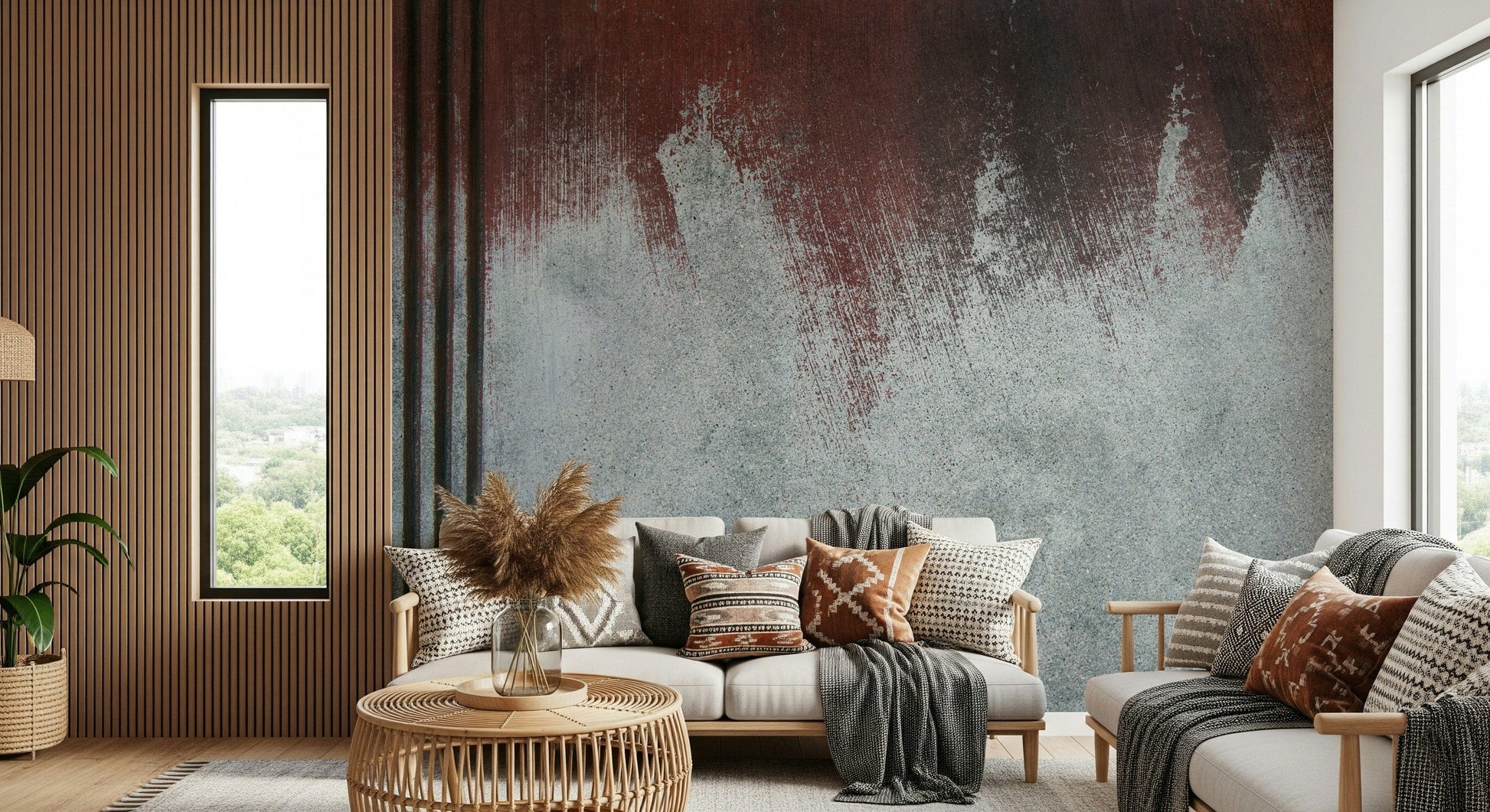Gritty Fade wallpaper mural blending neutral tones and weathered effects for a modern rustic look.