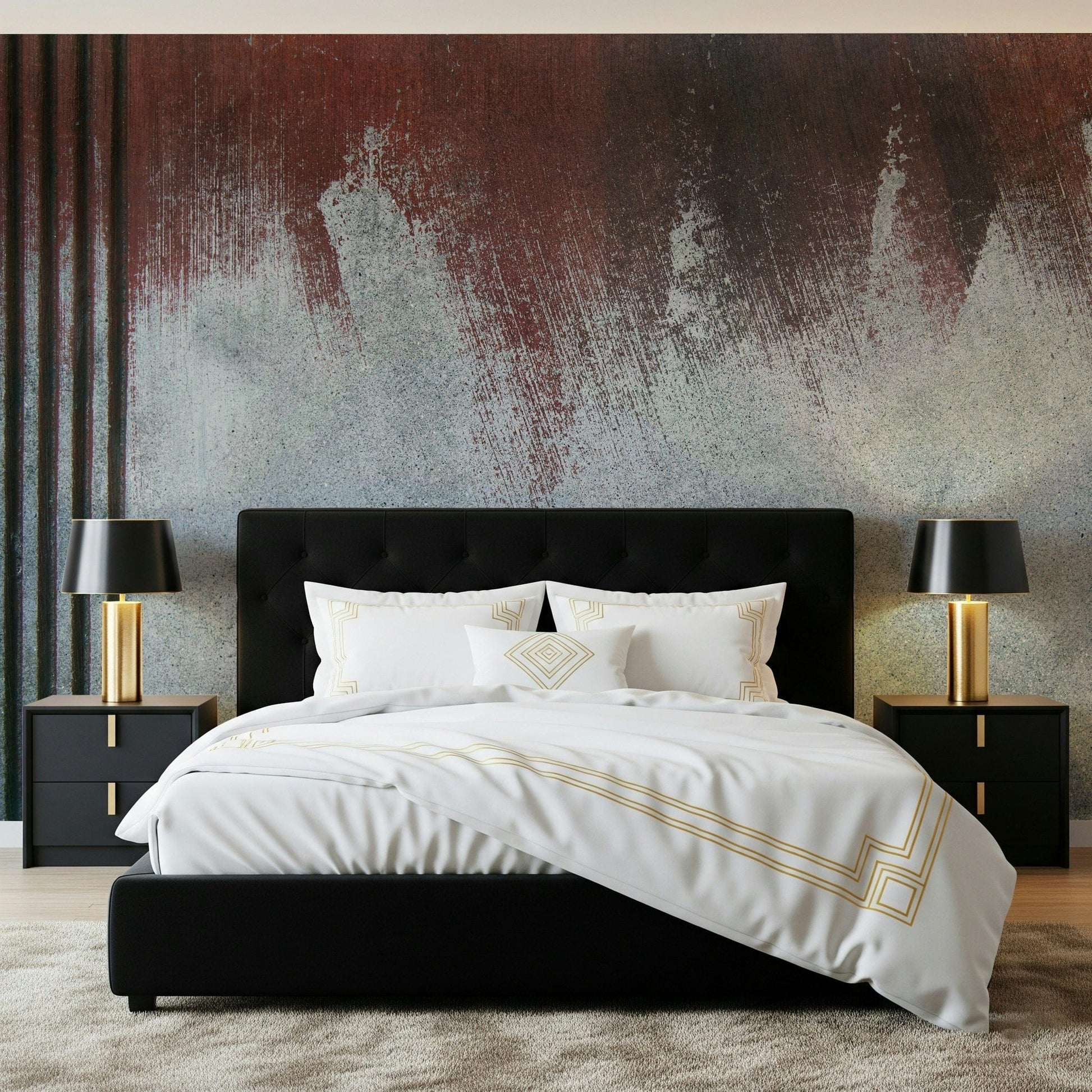 Textured wall mural with distressed gradients creating a raw, urban, and edgy accent wall.
