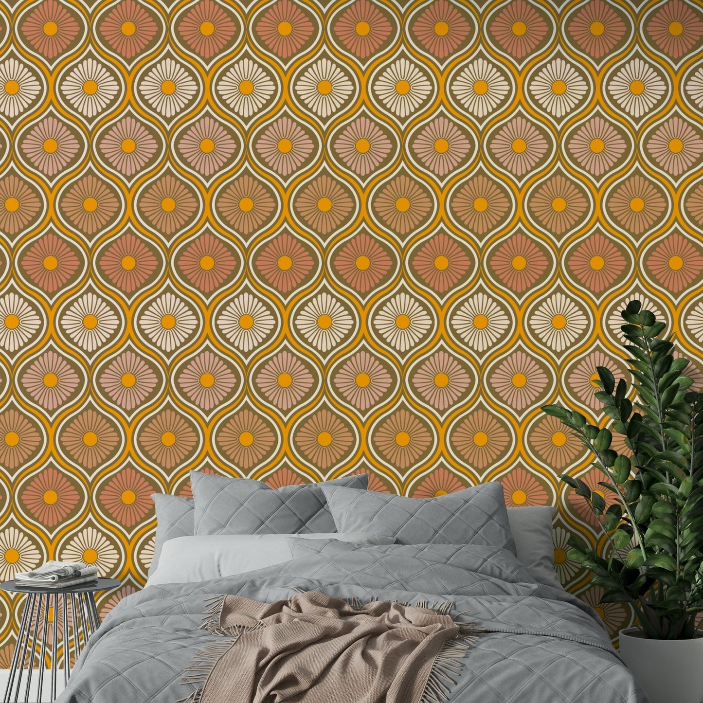 Bold, often geometric, floral shapes are prominent.
