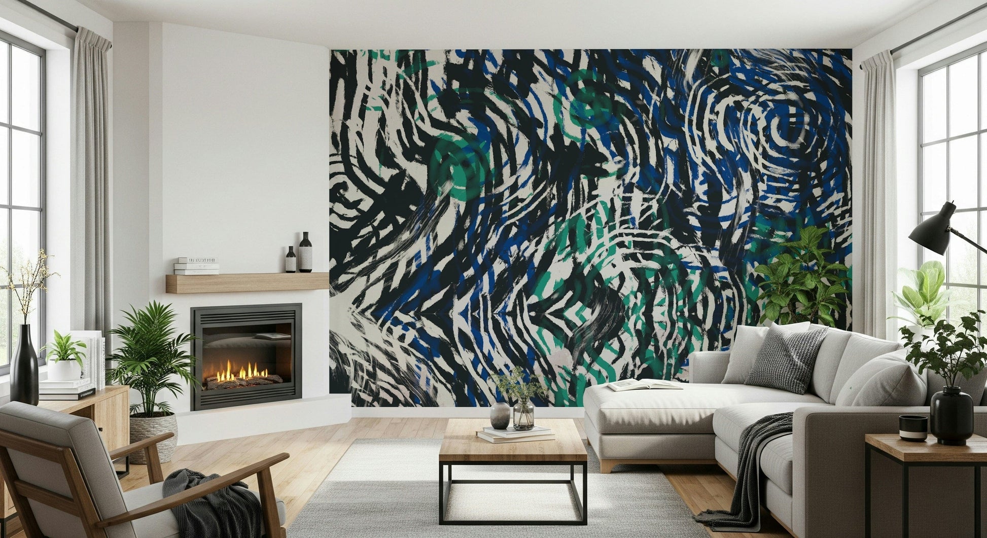 An artistic minimalist form mural for home decor.
