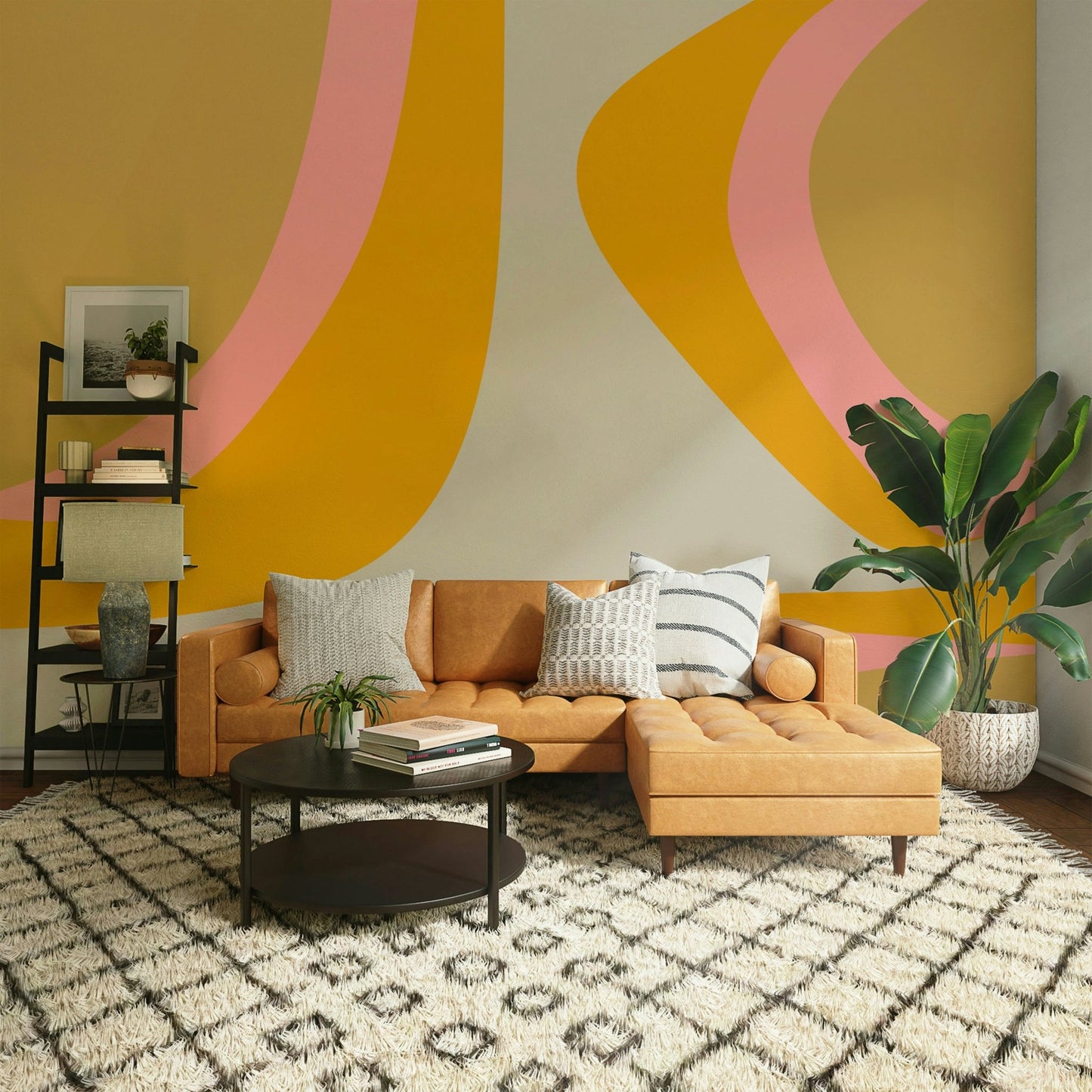 Groovy abstract mural with flowing vintage lines

