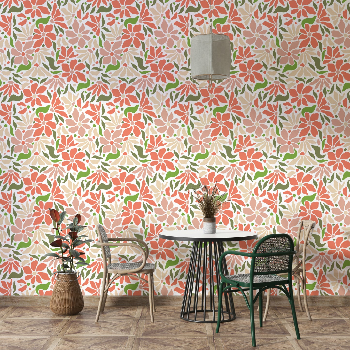 Groovy Flowers Coral Green Wall Mural