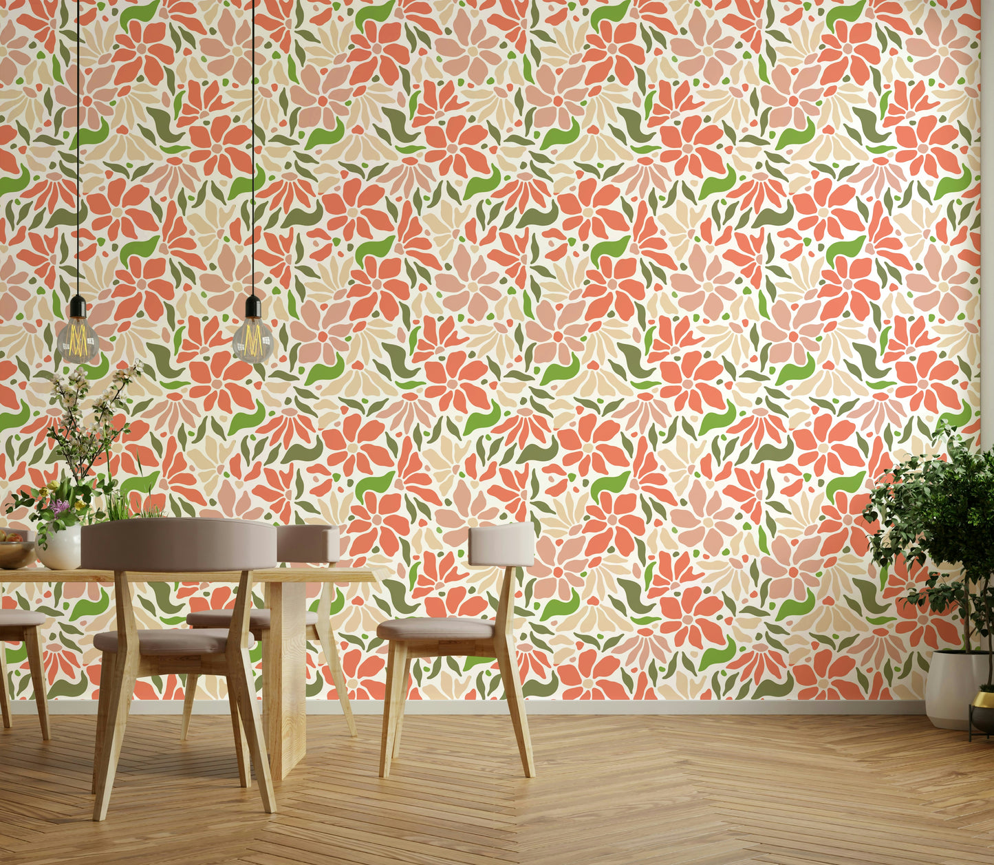 Groovy Flowers Coral Green Wall Mural