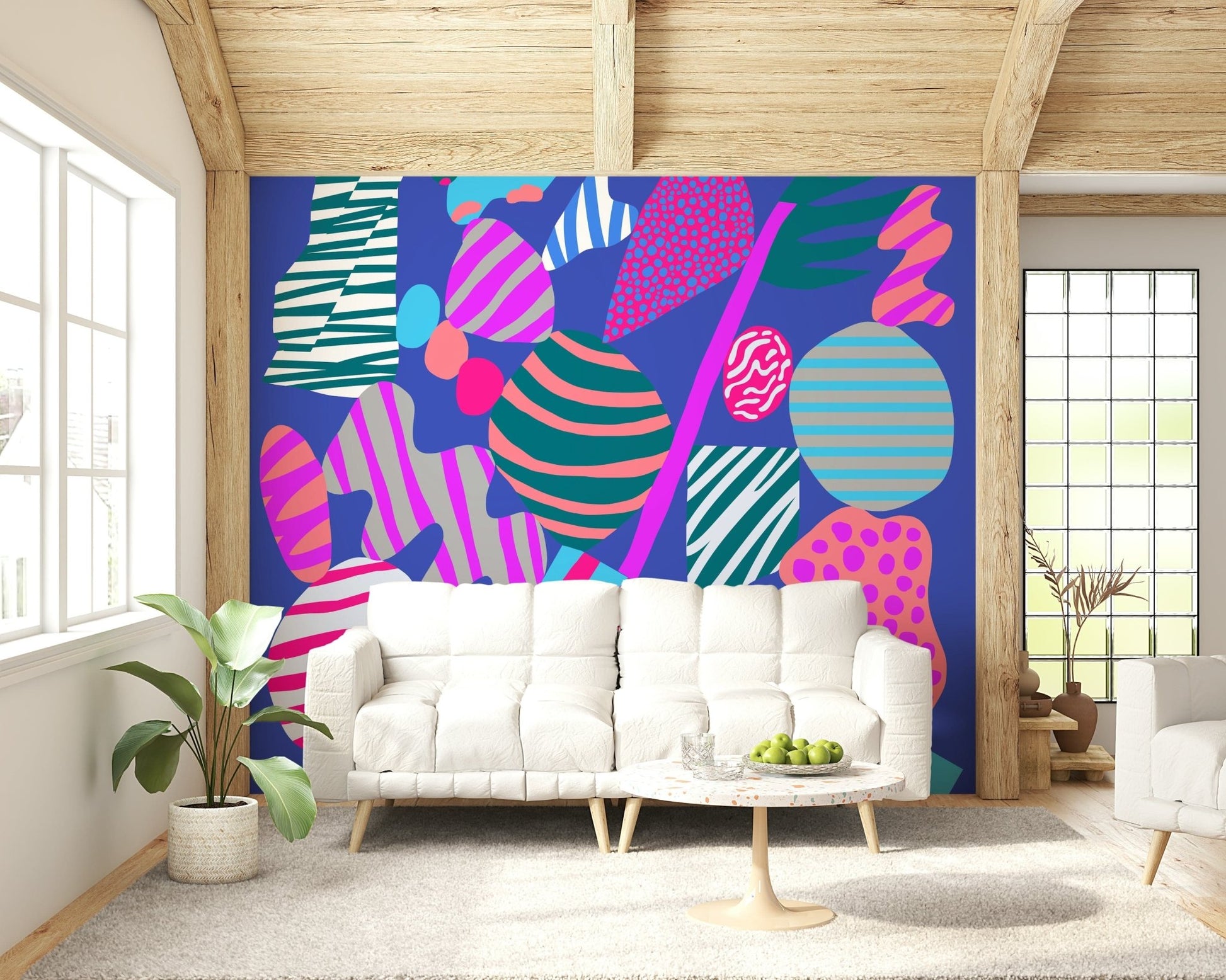 A retro-inspired wallpaper with playful striped and dotted shapes on a rich blue backdrop.