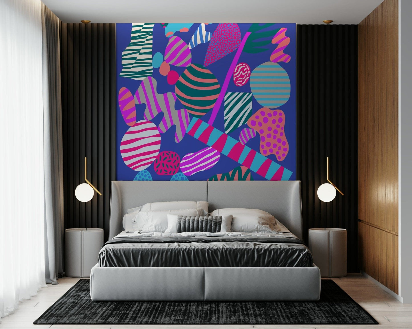 A lively wallpaper filled with colorful rounded and angular shapes in bright 80s-inspired patterns.