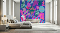 A lively abstract wallpaper with swirling geometric shapes in bright, groovy color combinations.
