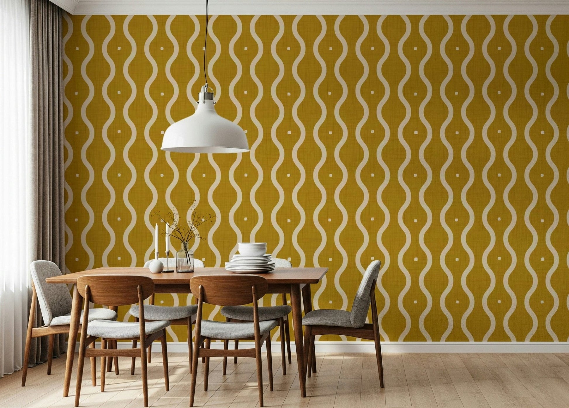Vertical serpentine lines wallcovering, sunny color, retro modern style.