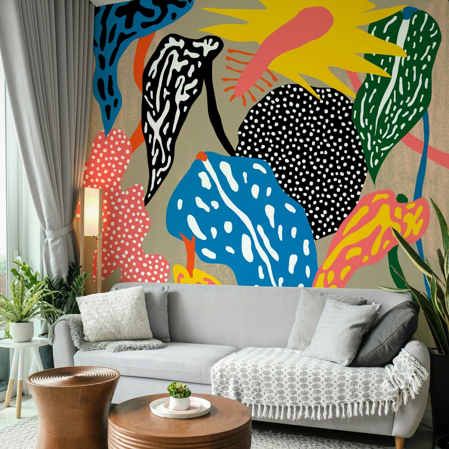 Tropical jungle wallpaper with bold and bright hues

