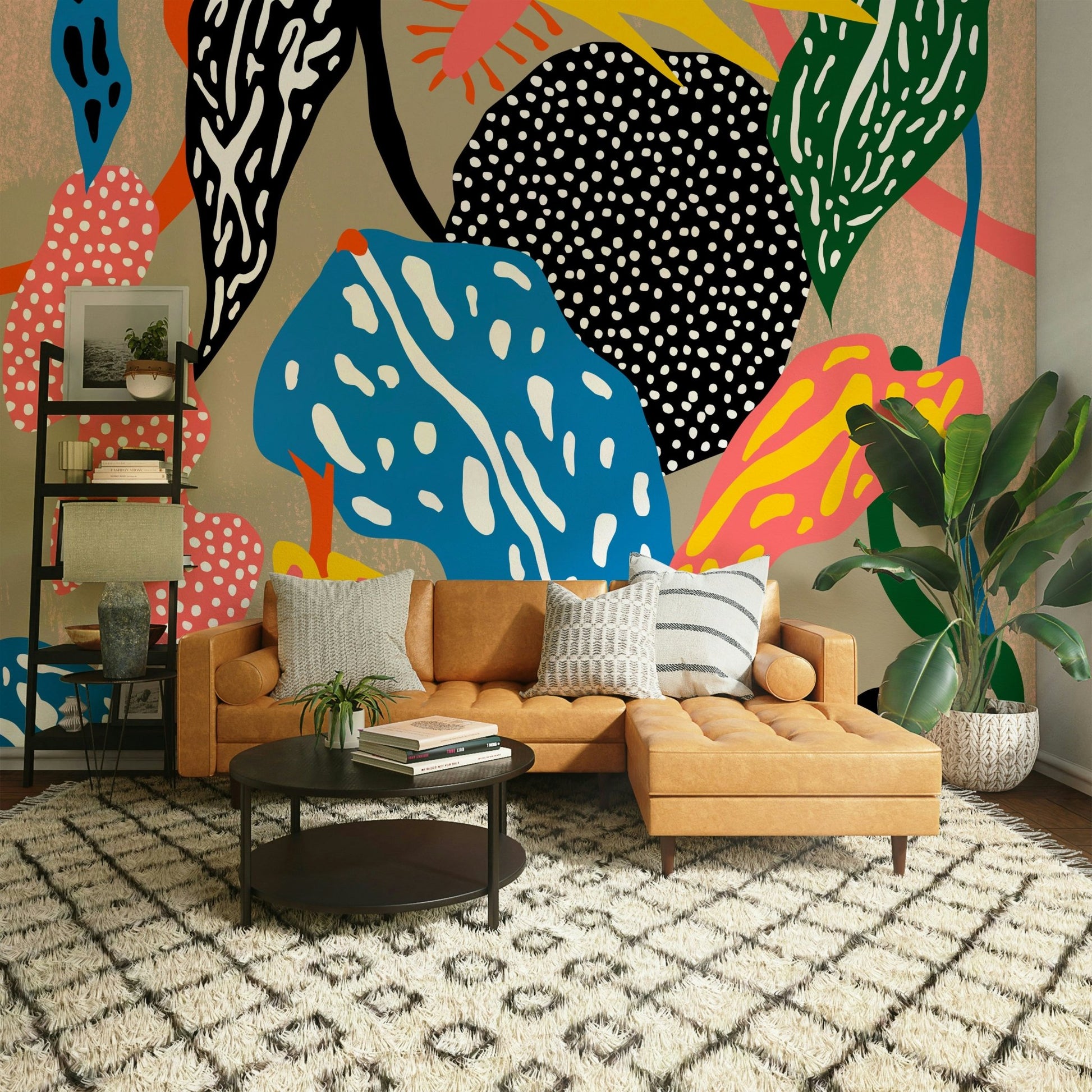 Groovy jungle mural creating a dynamic atmosphere indoors

