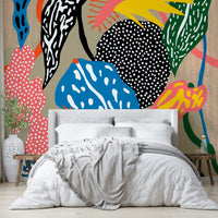 Lively jungle mural featuring vibrant, colorful patterns

