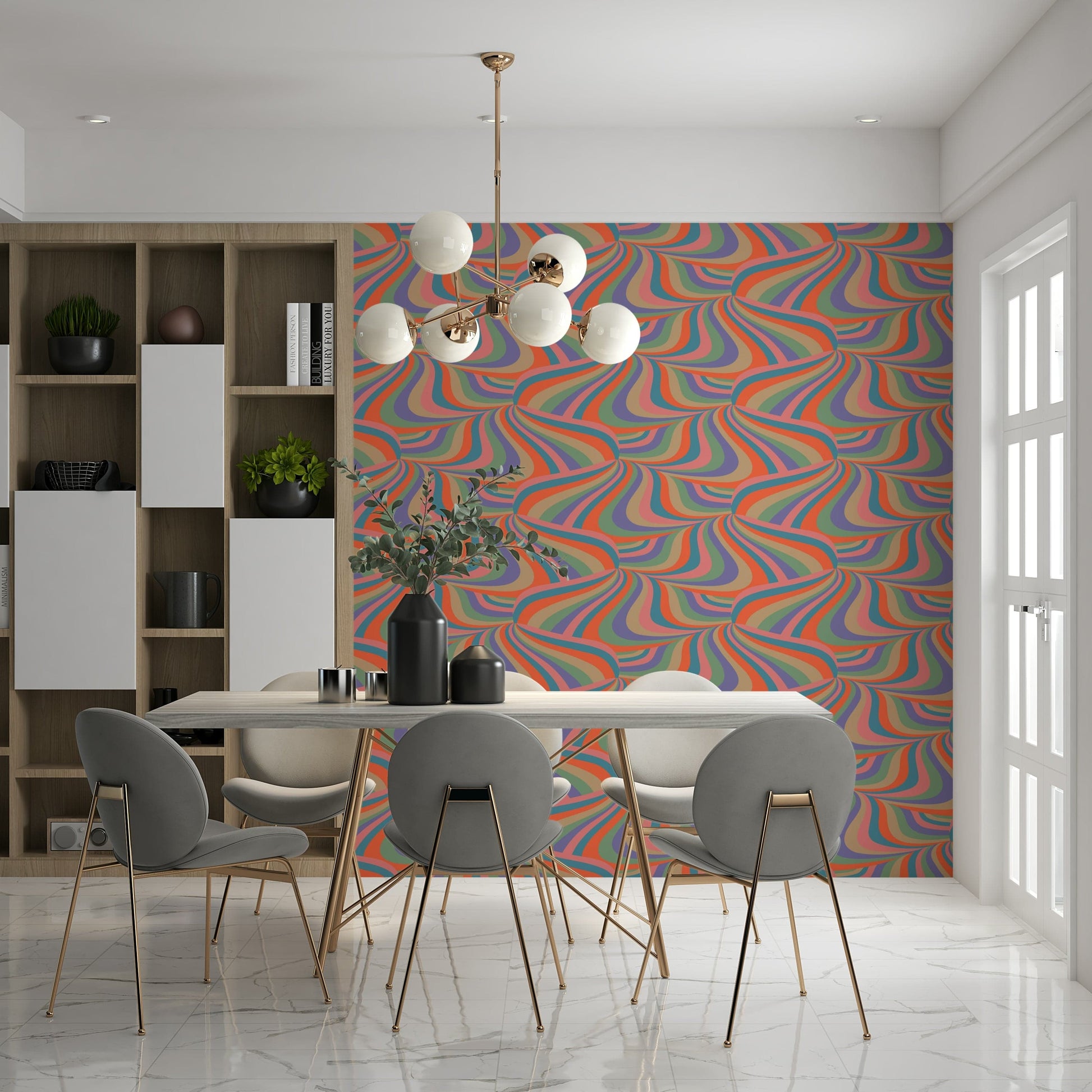 Abstract Retro Marble Stripe Wallpaper – Eye-catching mural featuring swirling colorful marble stripes in pastel and bold shades.