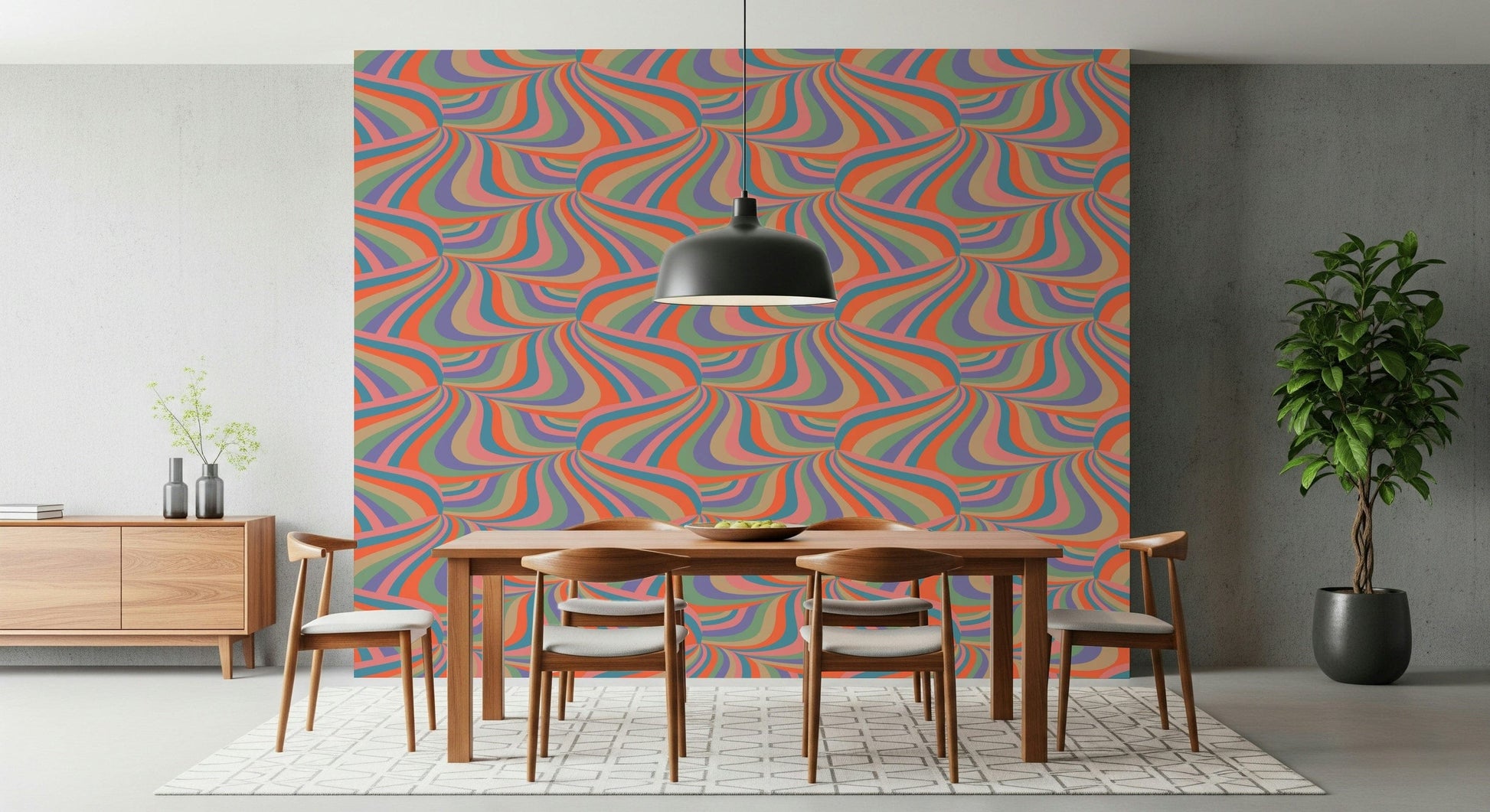Colorful Retro Marble Swirl Wallpaper – Energetic, playful wall mural with marbled stripes in a groovy retro palette.