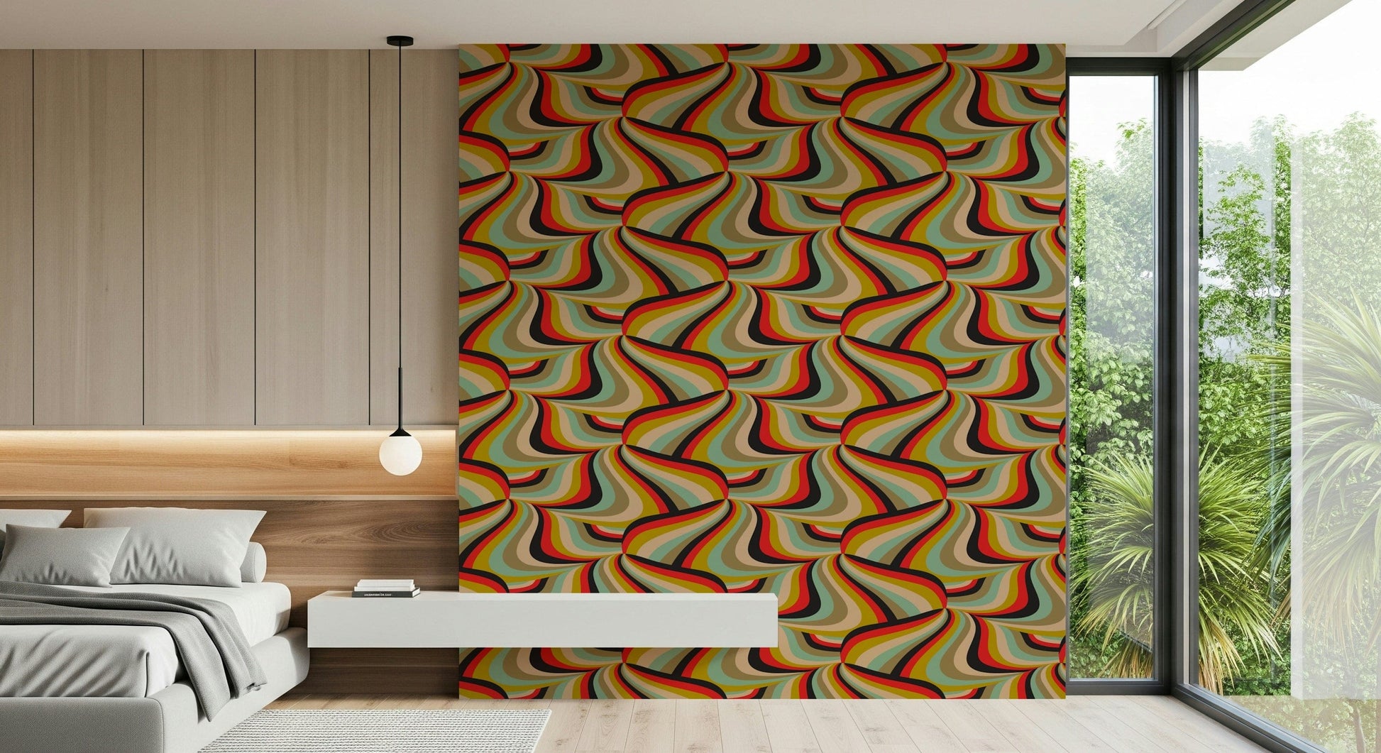 Colorful Retro Marble Swirl Wallpaper – Energetic wall mural with marbled stripes in multiple groovy retro colors.