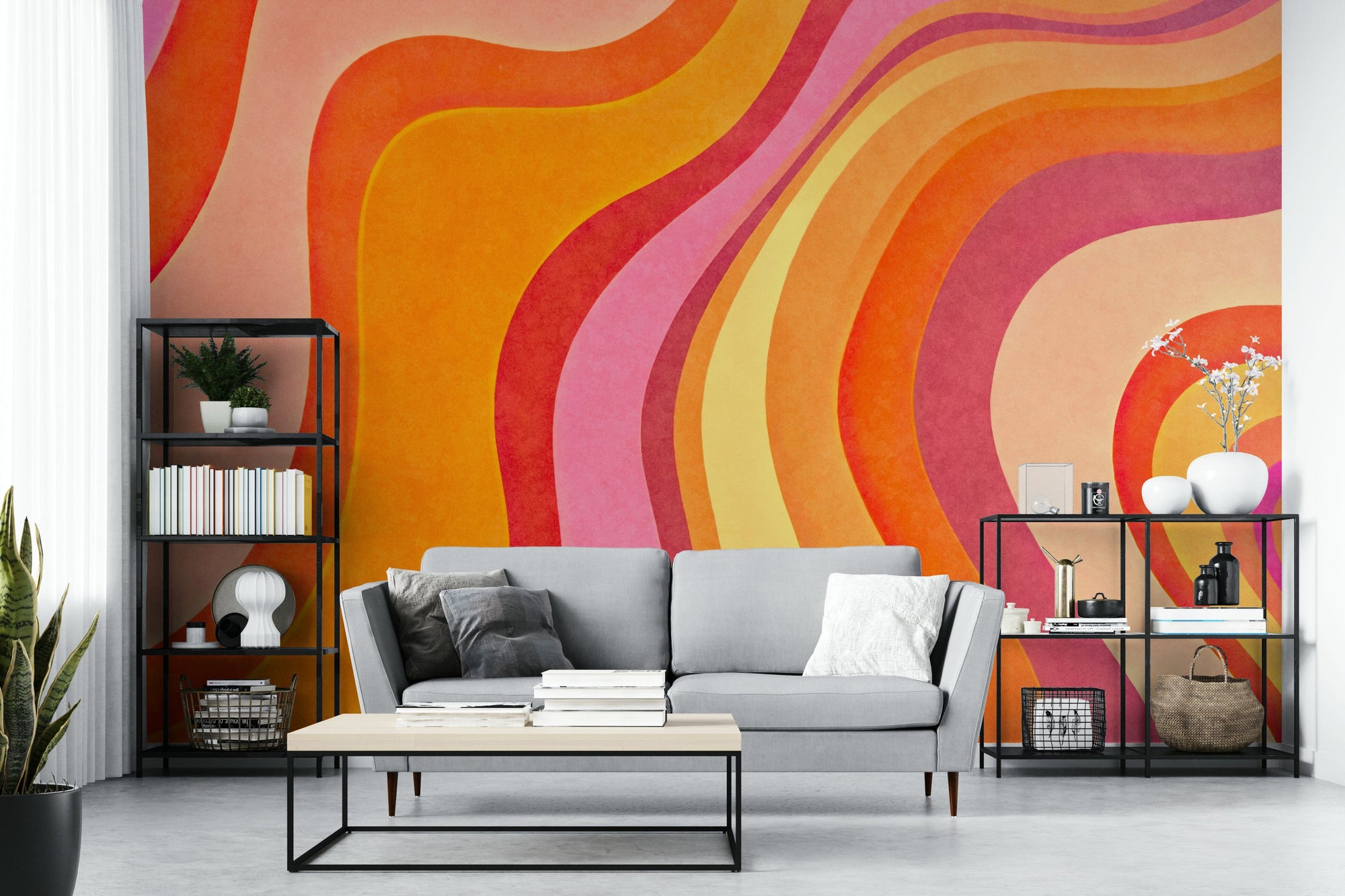 The colors are vibrant and bright, with shades of orange, yellow, pink, and light blue.
