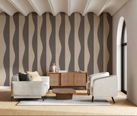 Curving stripe wall mural, stylish, mid-century modern, appealing design.