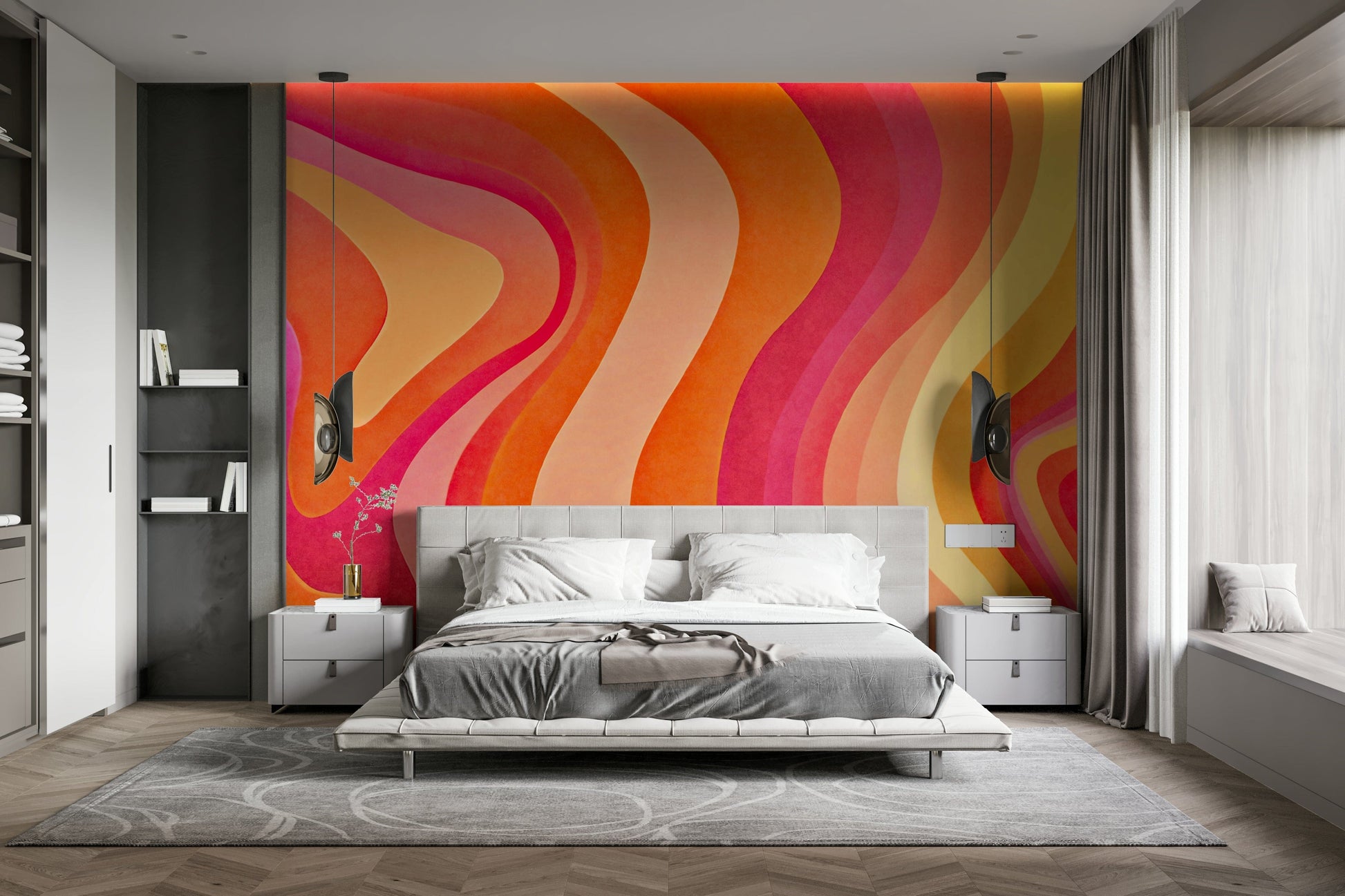 The colors are vibrant and bright, with shades of orange, yellow, pink, and light blue.
