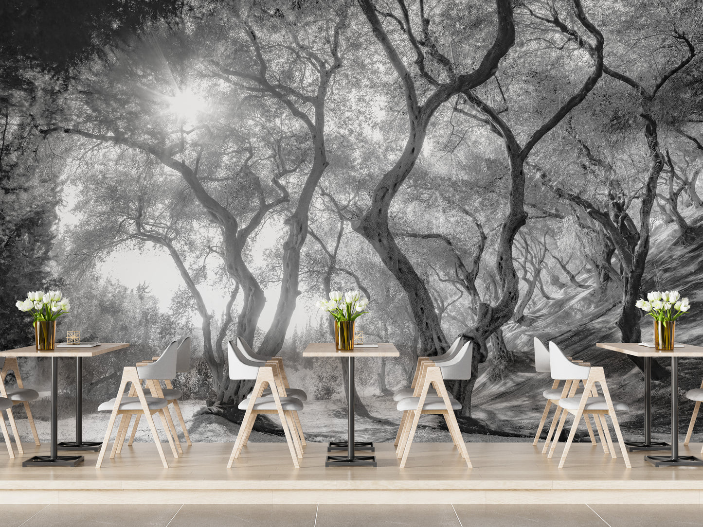 Black & White Natural Olive Groves Forest wallpaper mural as a feature wall in a home office workspace in black and white