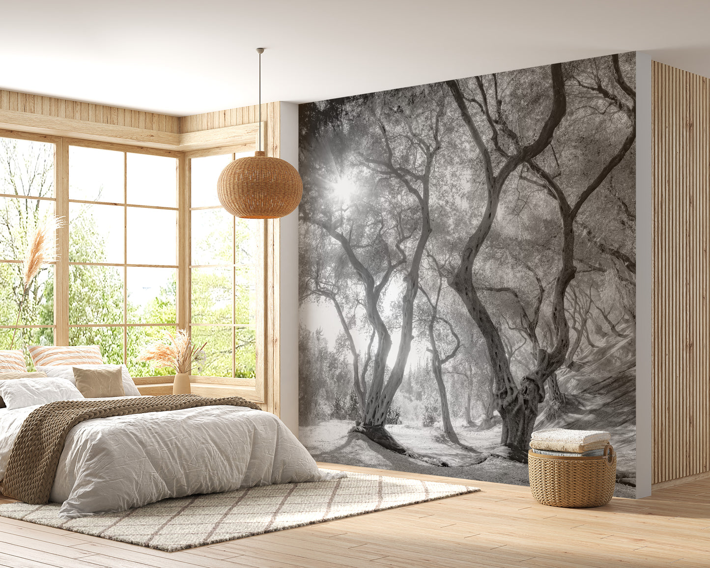 Black & White Natural Olive Groves Forest wallpaper mural as a bedroom feature wall behind the headboard in black and white