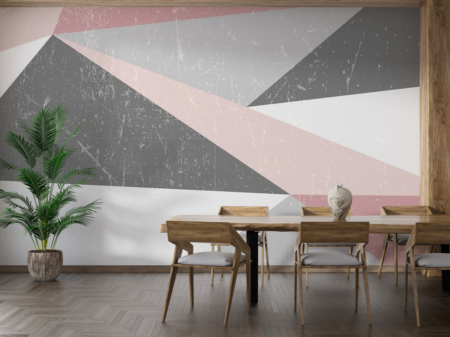Light grey Scandinavian dining area wall mural with subtle plaster textures.
