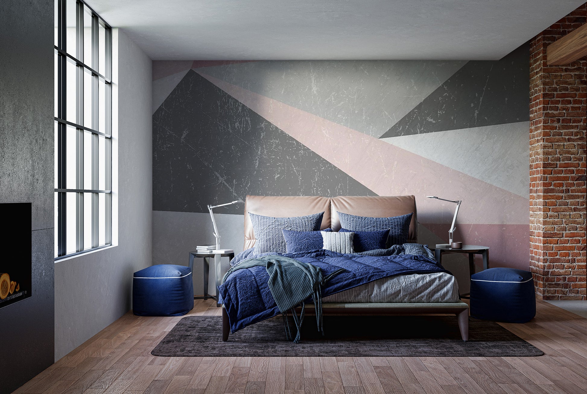 Industrial style bedroom wall mural showing rusted metal effect triangle shapes.