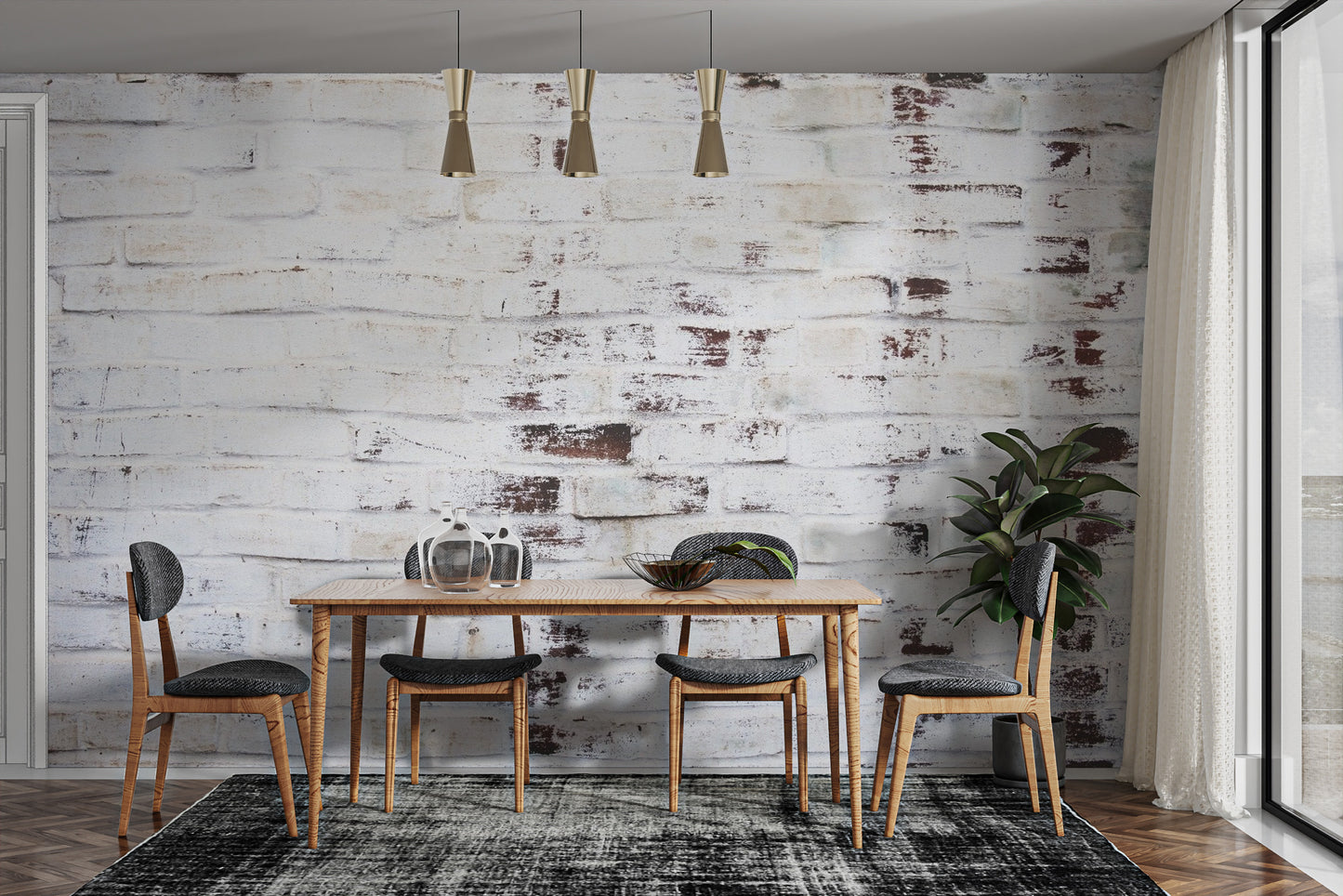Textured brick dining area wall mural depicting an aged and cracked surface.