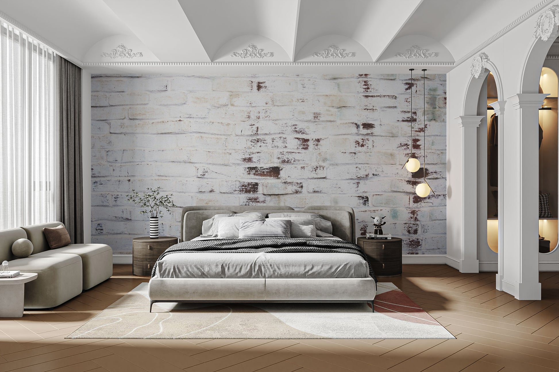 Minimalist white wash brick bedroom wallpaper mural with subtle grey shading.