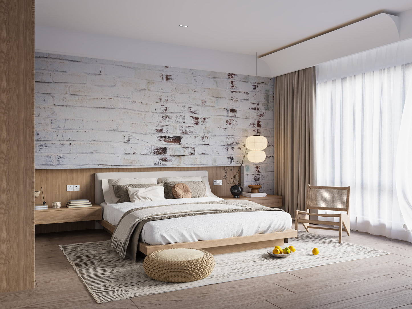 Detailed masonry bedroom wall mural with fading paint and grit textures.