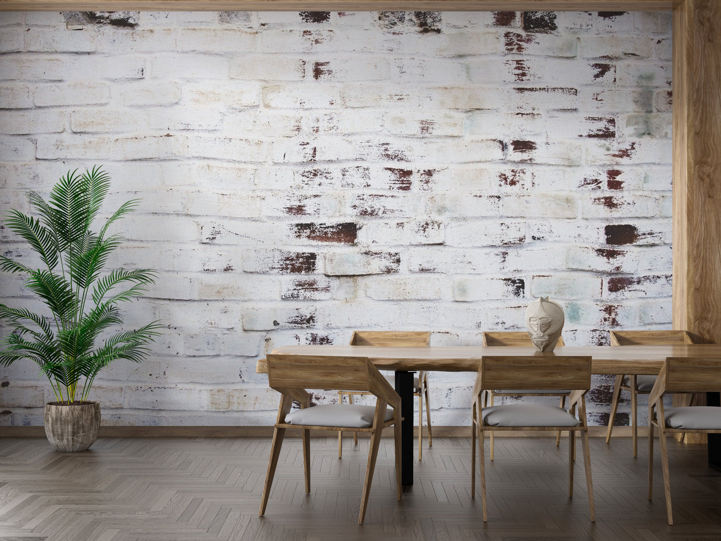 White wash brick dining room wallpaper mural with realistic distressed mortar lines.