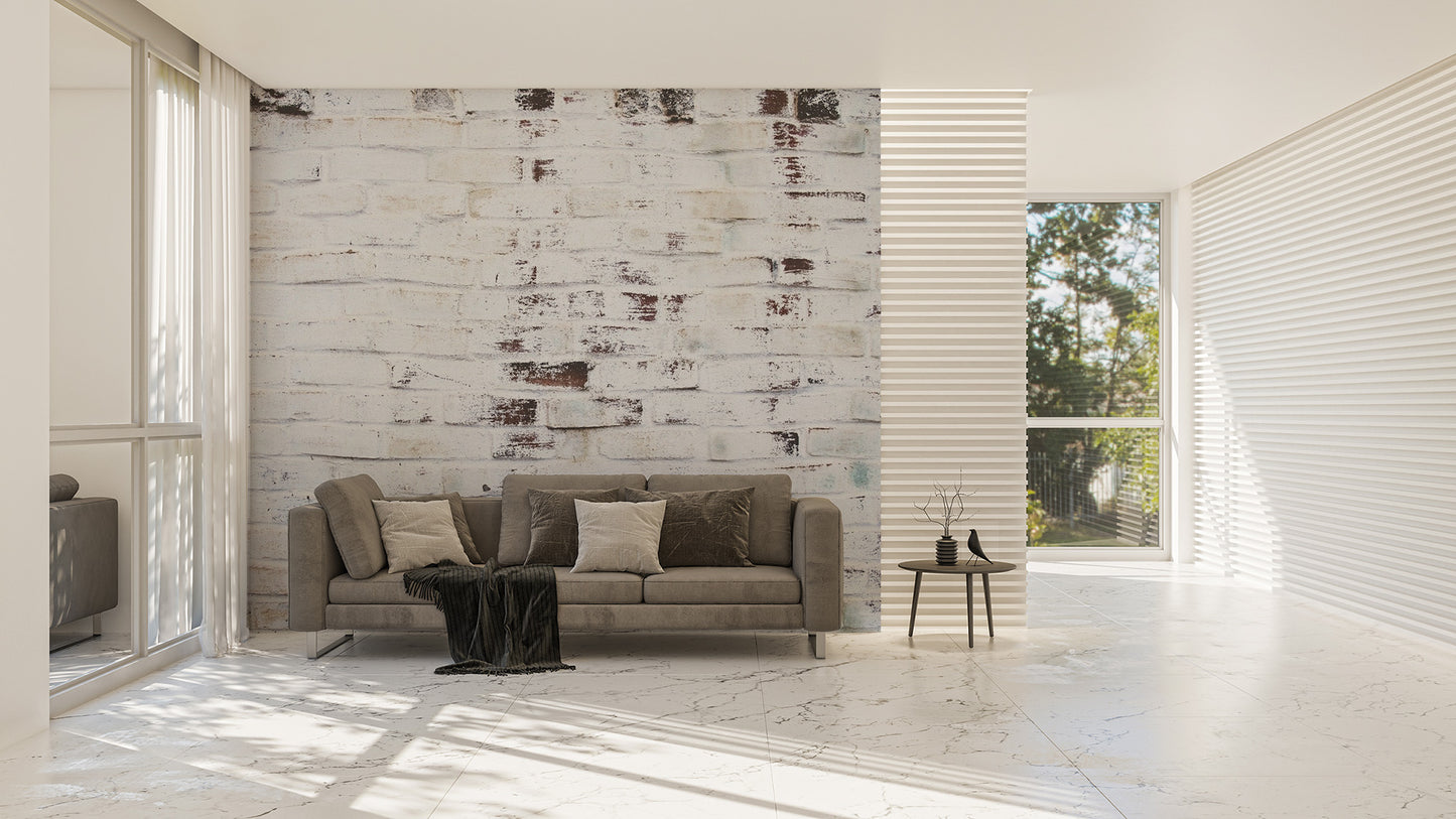 Grungy white brick wallpaper for a modern loft-style feature wall.