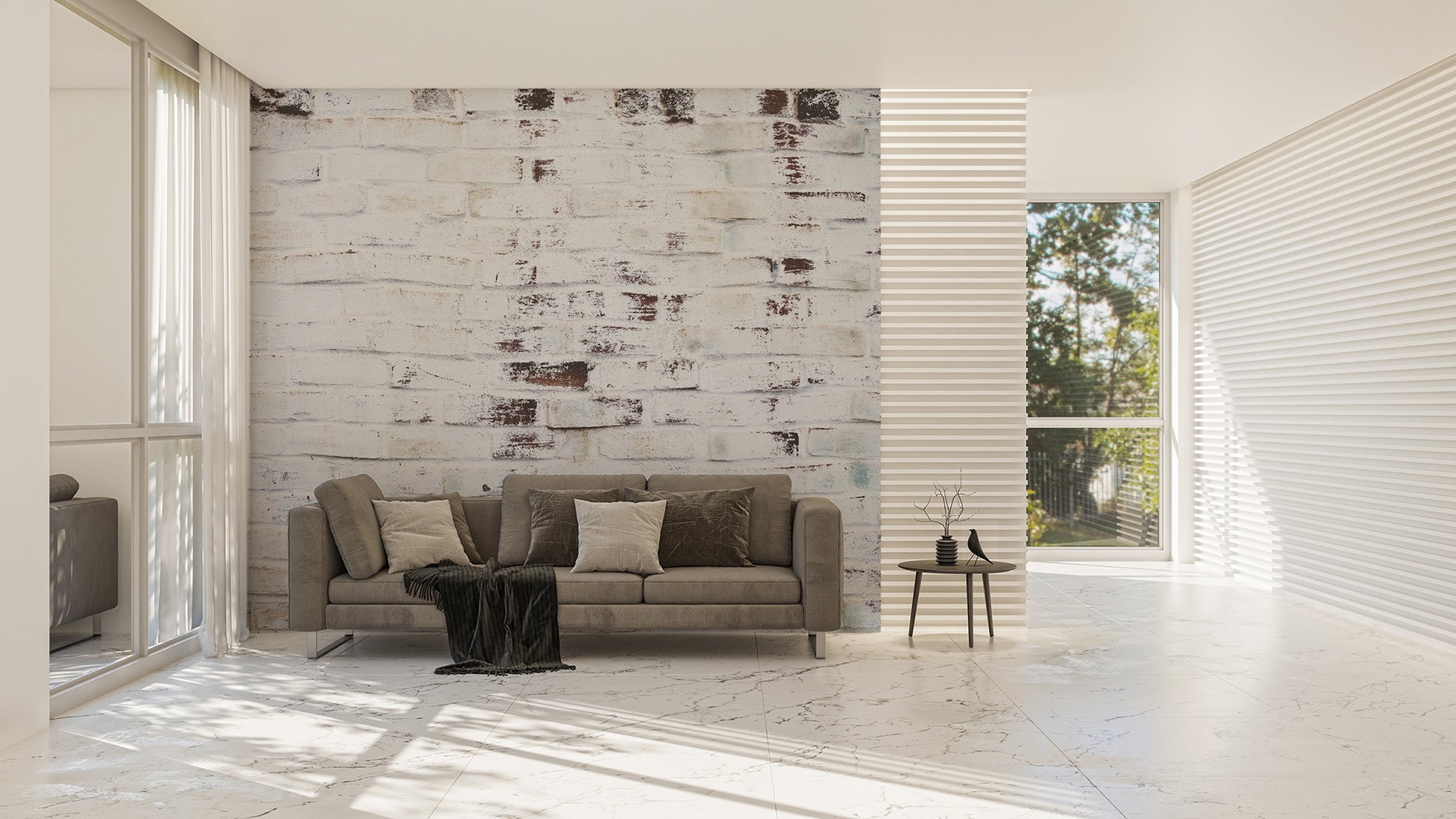 Grungy white brick wallpaper for a modern loft-style feature wall.