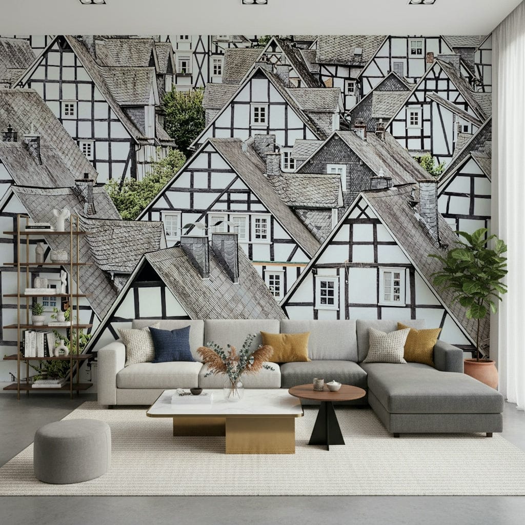 Architectural wall mural with half-timbered house facade
