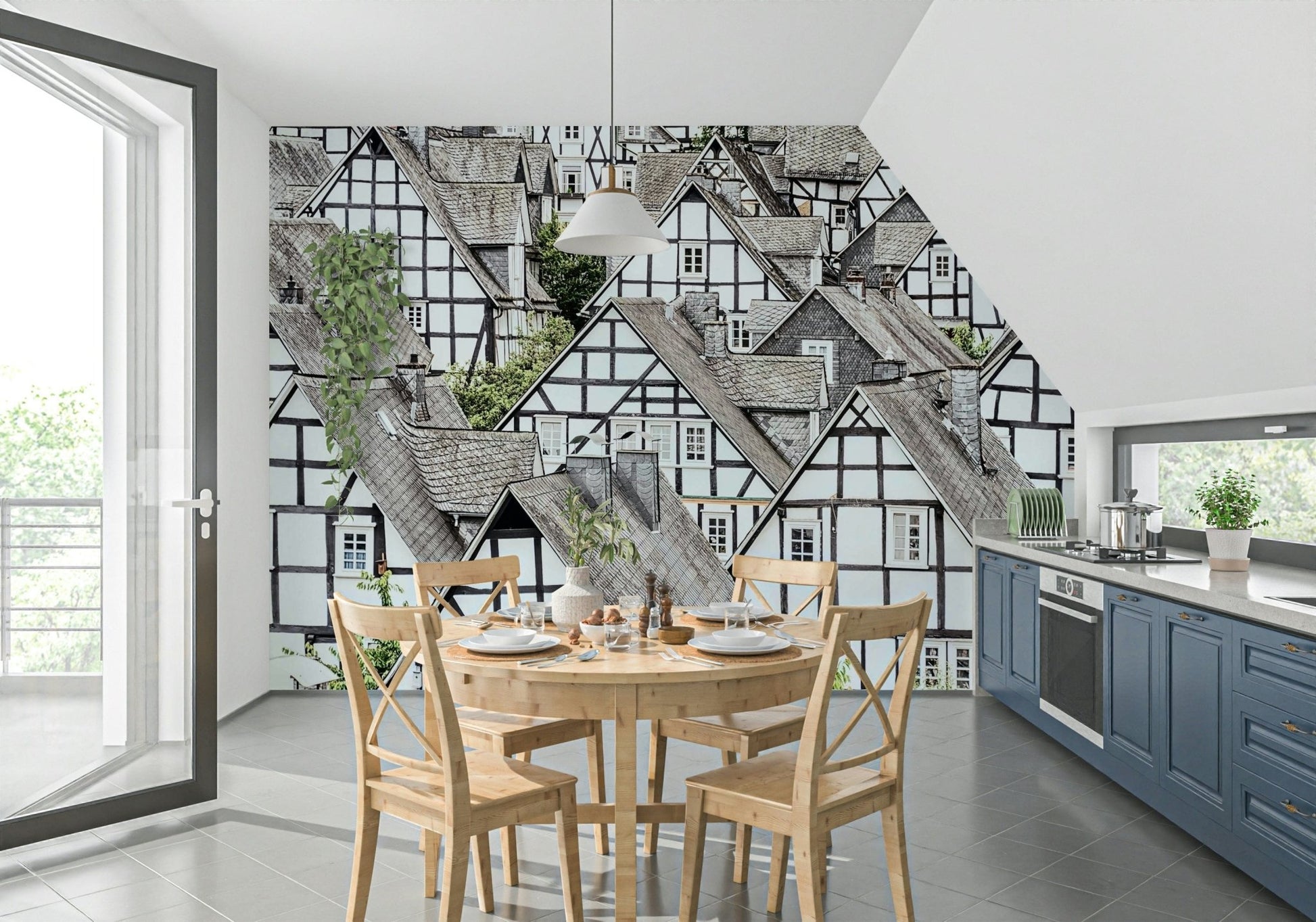 Half-timbered haven mural illustrating historic timber framing