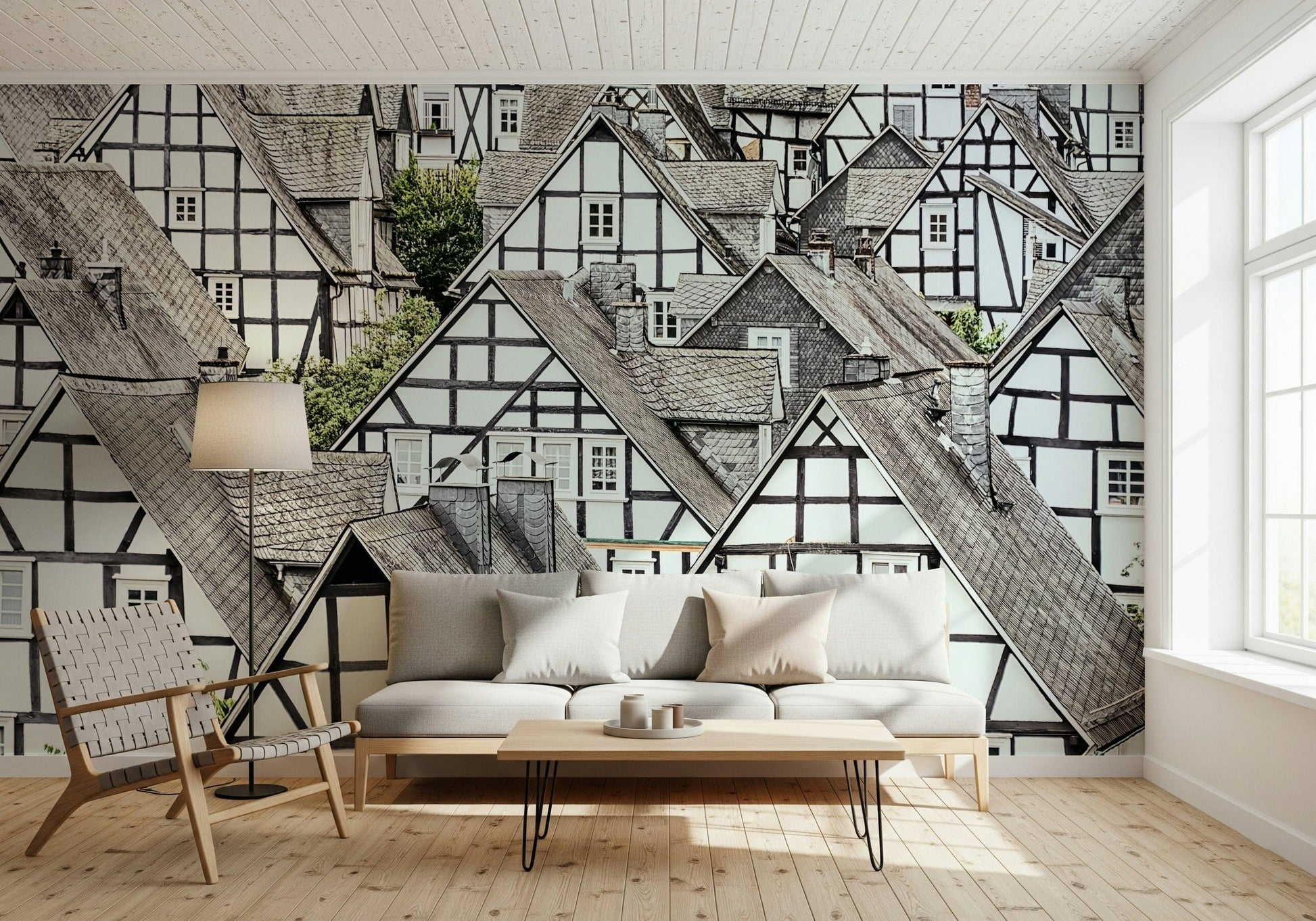 Old world half-timbered wall mural for cozy interior spaces