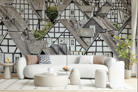 Decorative wall mural inspired by half-timbered European homes