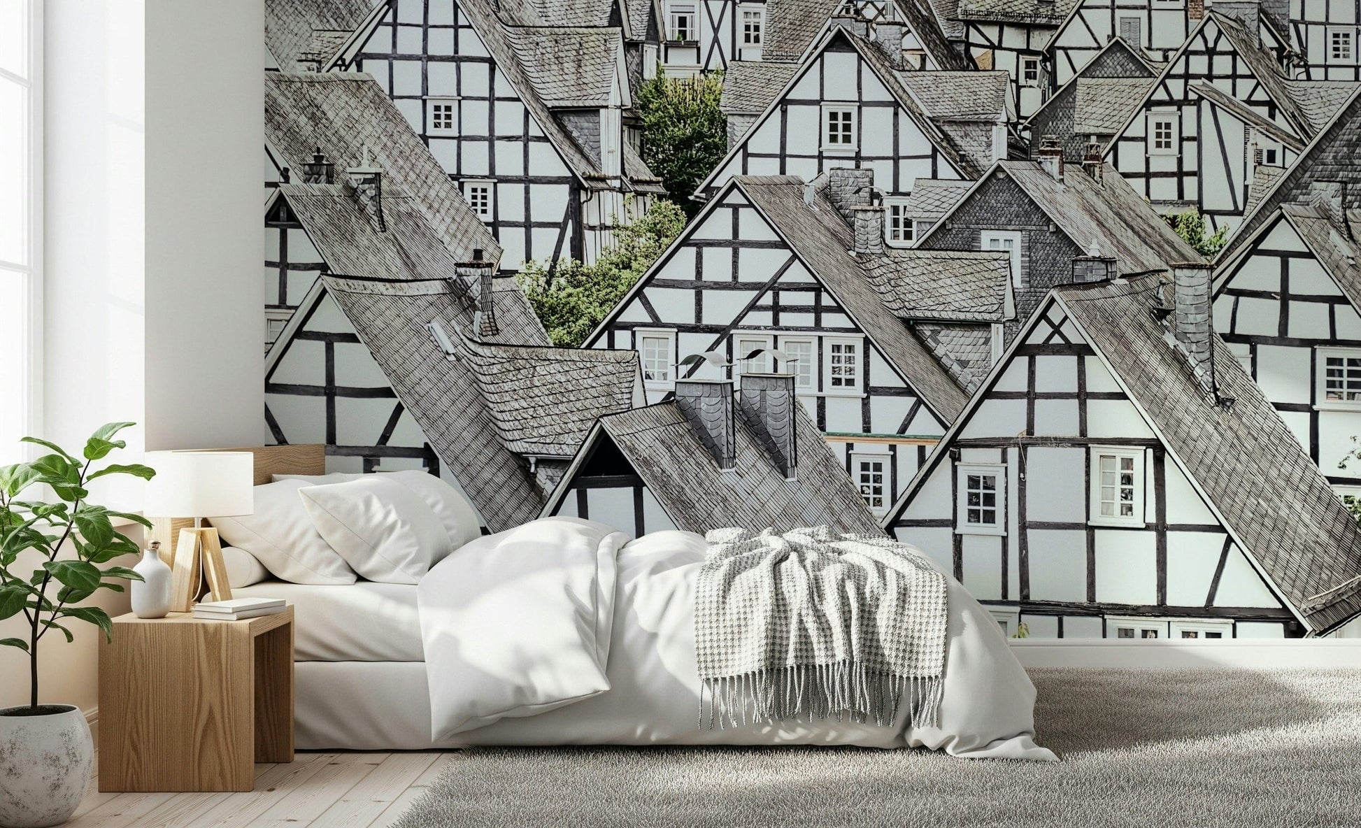 Half-timbered haven mural featuring medieval village style design