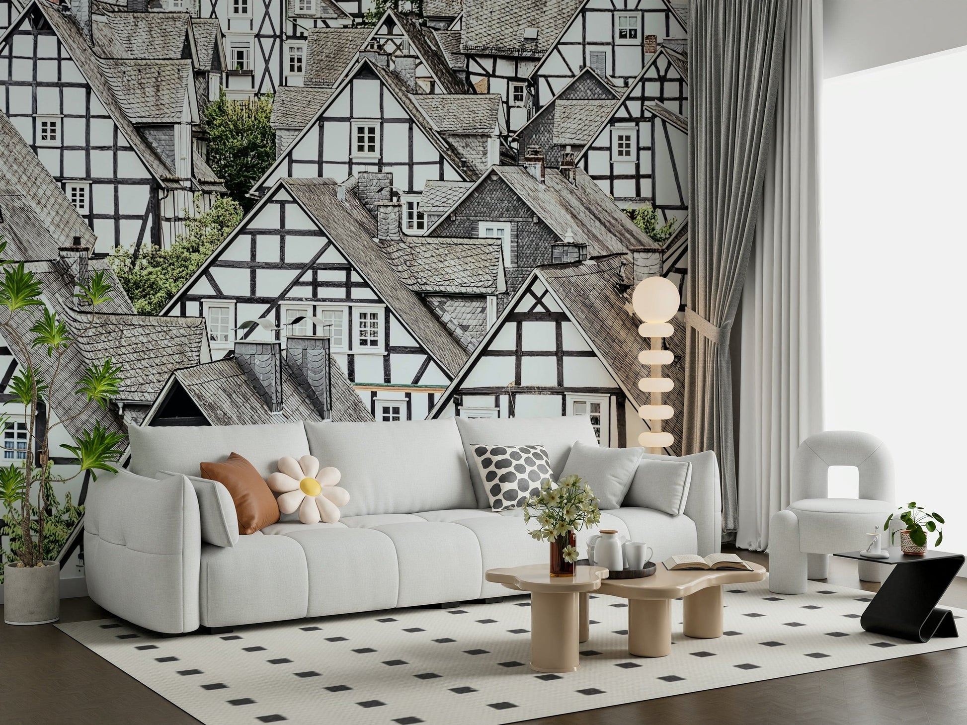 Traditional half-timbered wall mural with rustic architectural detail