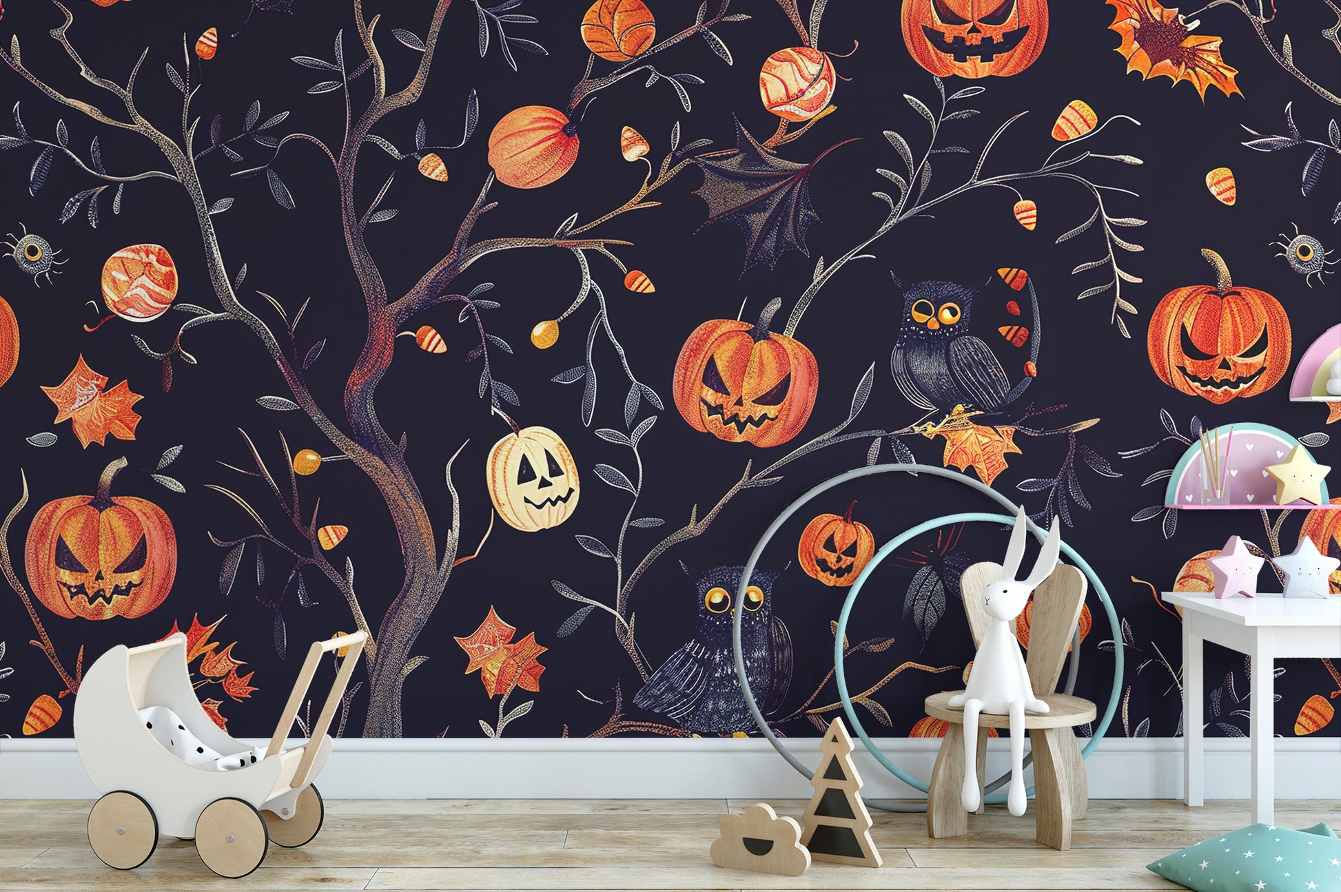 Removable self adhesive Halloween pumpkins owls wall mural in a nursery with a wooden walker toy and a minimalist rug.