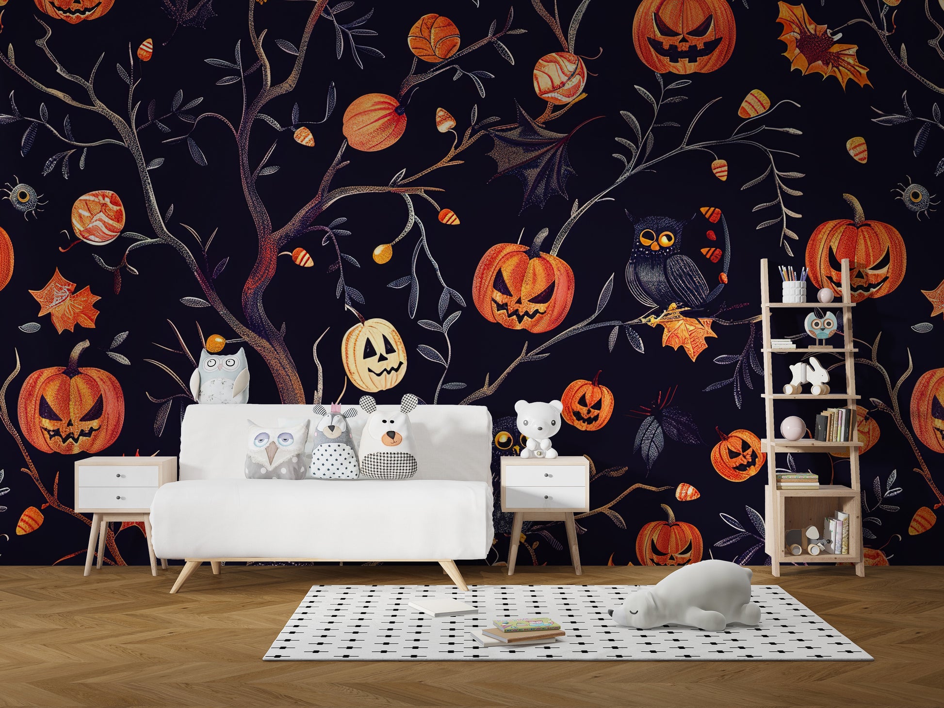Premium canvas Halloween pumpkins owls wall mural in a kids room with toys and a white storage unit for a high-end look.